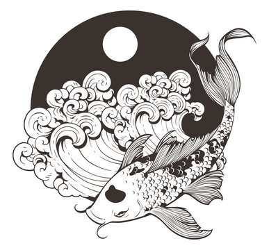 recommend clip art: Vector illustration of Japanese carp koi, water wave and moon isolated on white background. Tattoo style black and white, This design for publication, decoration, pattern, and more.