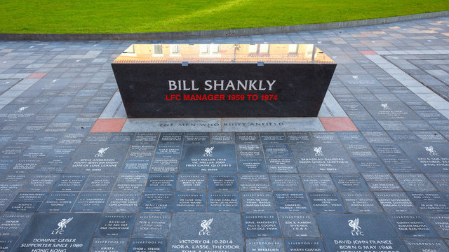 Liverpool, UK - May 17 2018: Anfield Forever is a landscaped area that forms the walkway alongside the expanded Main Stand which people can buy their own personalised engraved granite stone