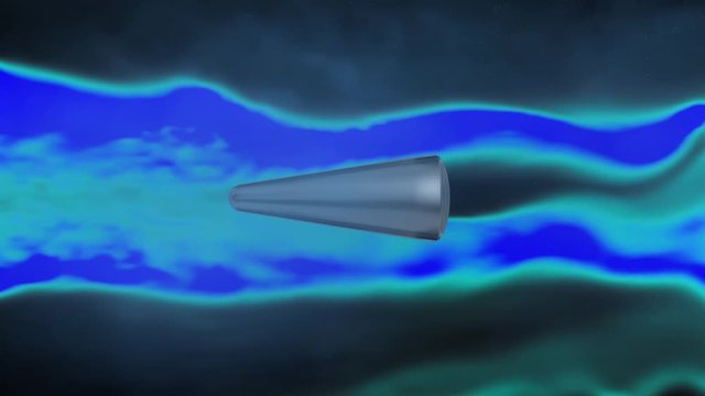 Bullet in wind tunnel. Projectile speeding through smoke.  Round tip. 3d animation simulation visual effect