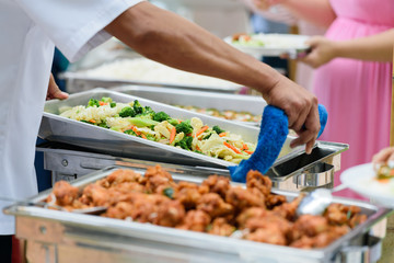 buffet food, catering food party at restaurant, mini canapes, snacks and appetizers
