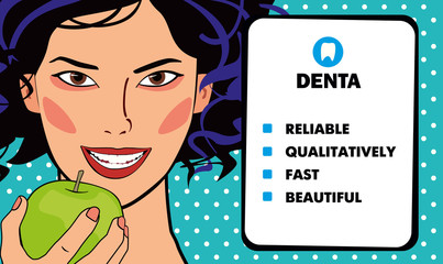 Dental clinic advertising layout. Asian beautiful girl smiling. Green apple in hand. Pop art style