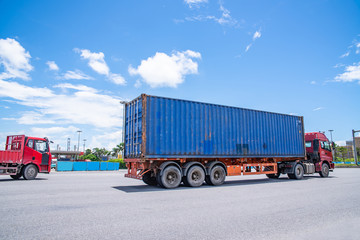 A container transport trailer speeding on the highway in Guangzhou Port Area, China