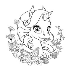 Cute baby unicorn surrounded with flowers and butterflies. Coloring page vector illustration.