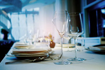 cocktail glass on the table, night party, celebration, glass water

