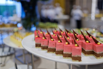 buffet food, catering food party at restaurant, mini canapes, snacks and appetizers
