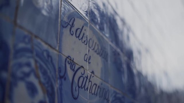 Porto Portugal, A wall of world famous Azulejos tiles in blues. Shallow focus