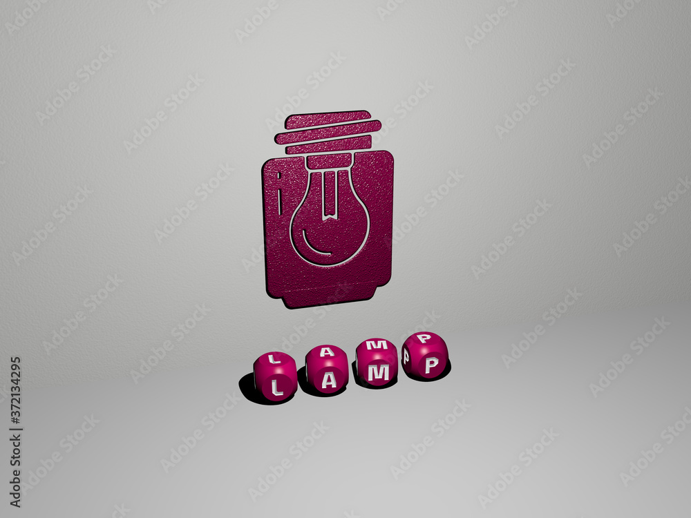 Poster 3d representation of lamp with icon on the wall and text arranged by metallic cubic letters on a mir