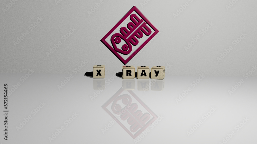 Poster x ray text of cubic dice letters on the floor and 3d icon on the wall, 3d illustration for backgroun
