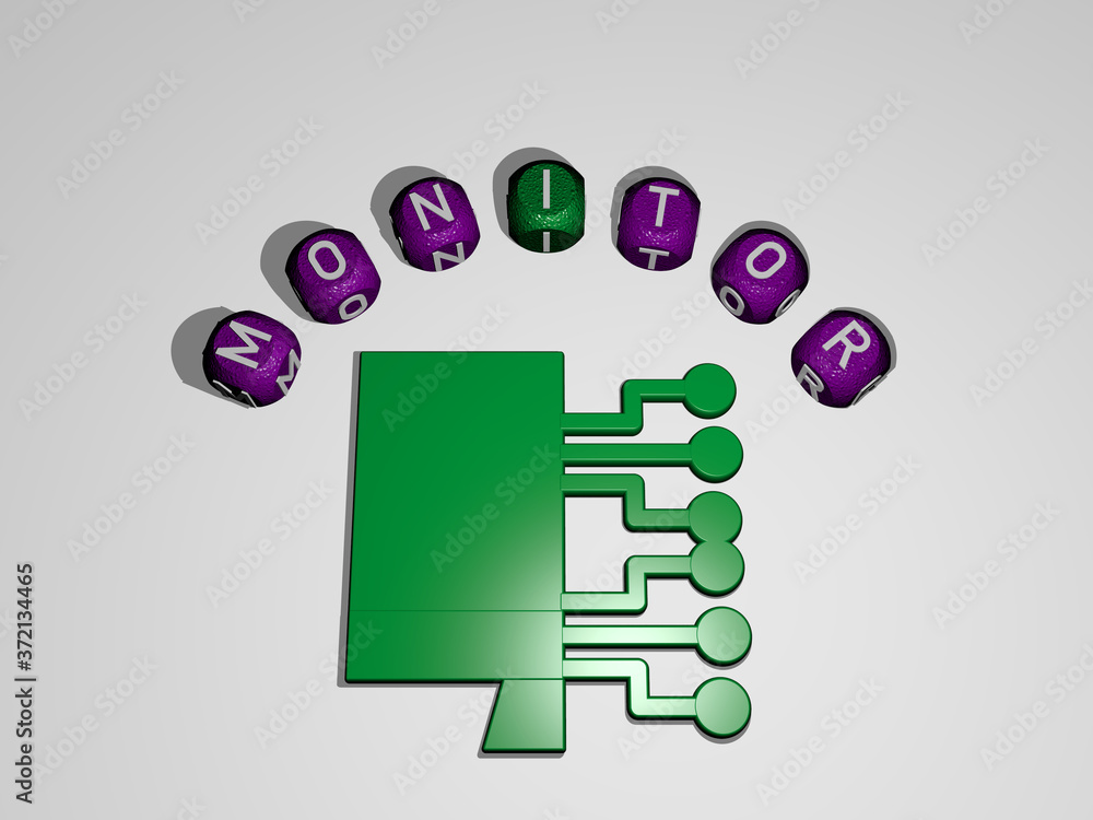 Poster monitor icon surrounded by the text of individual letters, 3d illustration for computer and backgrou