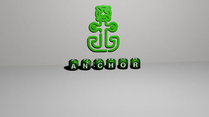 ANCHOR 3D icon on the wall and text of cubic alphabets on the floor, 3D illustration for background and boat