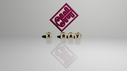 X RAY text of cubic dice letters on the floor and 3D icon on the wall, 3D illustration for background and design