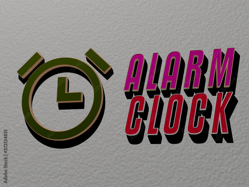Poster 3d graphical image of alarm clock vertically along with text built by metallic cubic letters from th