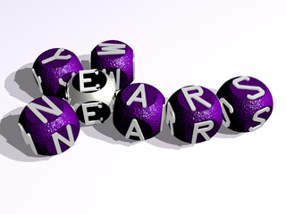 new years curved crossword of cubic dice letters, 3D illustration for background and anniversary