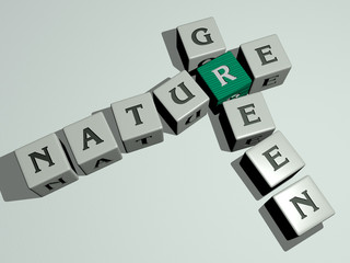 nature green crossword by cubic dice letters, 3D illustration for background and beautiful