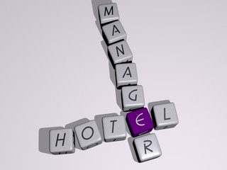 hotel manager crossword by cubic dice letters, 3D illustration for building and architecture