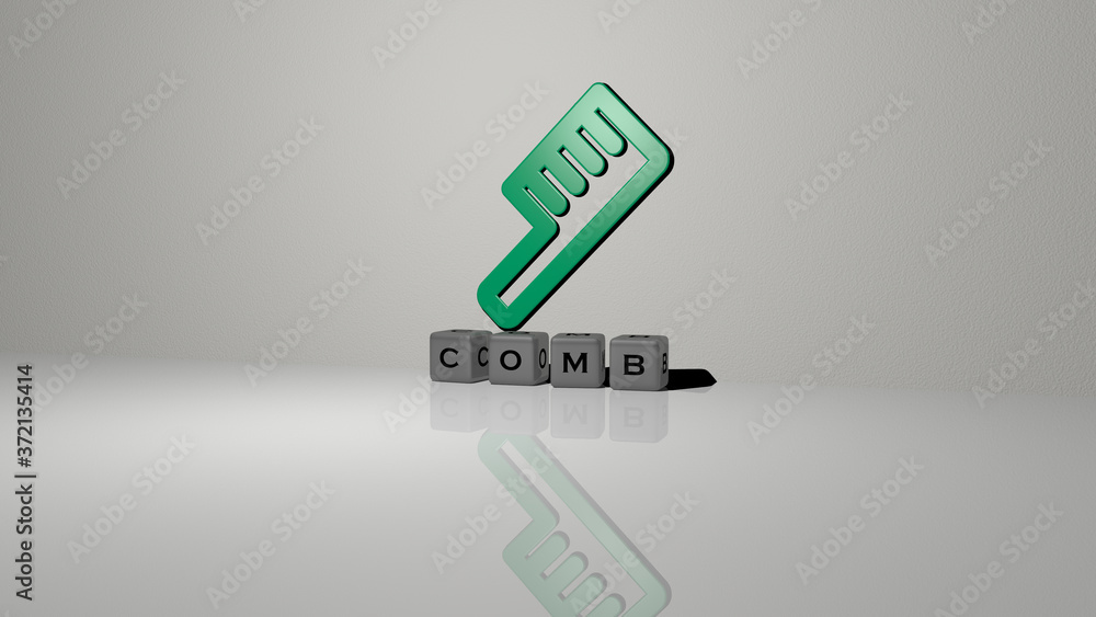 Poster comb text of cubic dice letters on the floor and 3d icon on the wall, 3d illustration for background