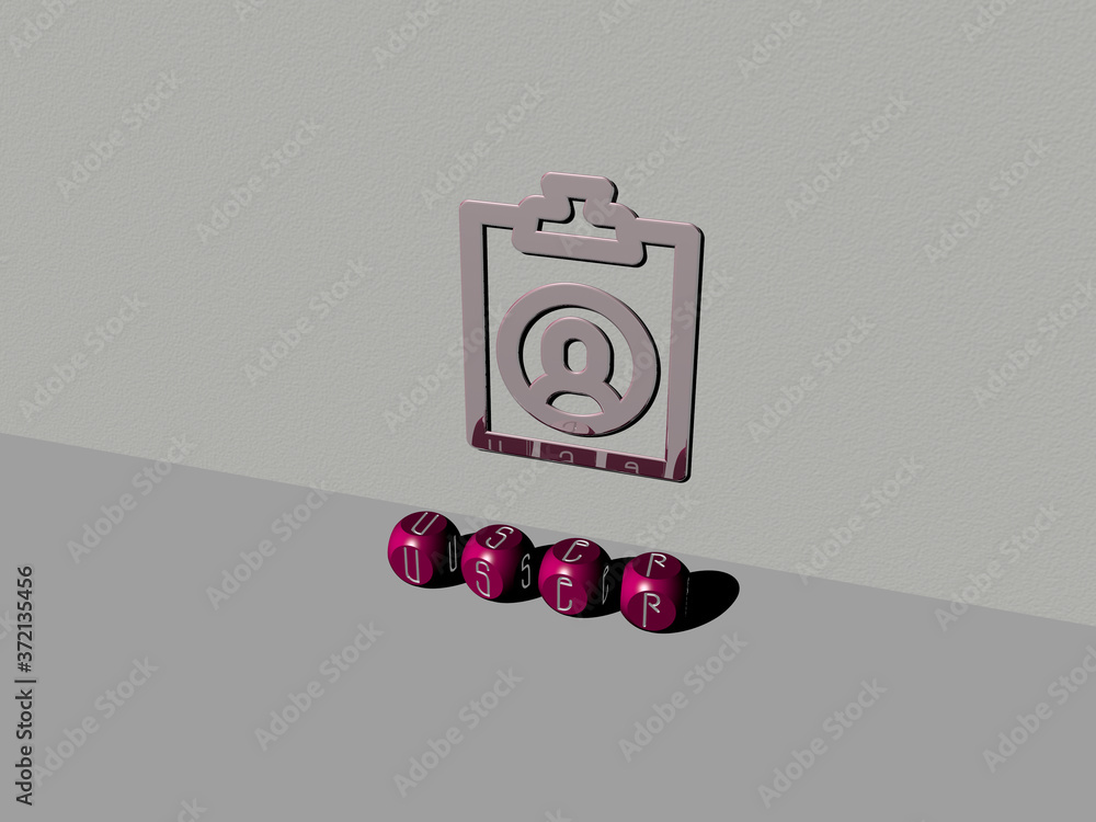 Aufkleber 3d representation of user with icon on the wall and text arranged by metallic cubic letters on a mir