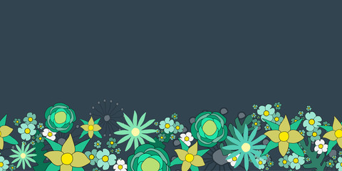 Green and yellow flowers in a horizontal seamless pattern.
