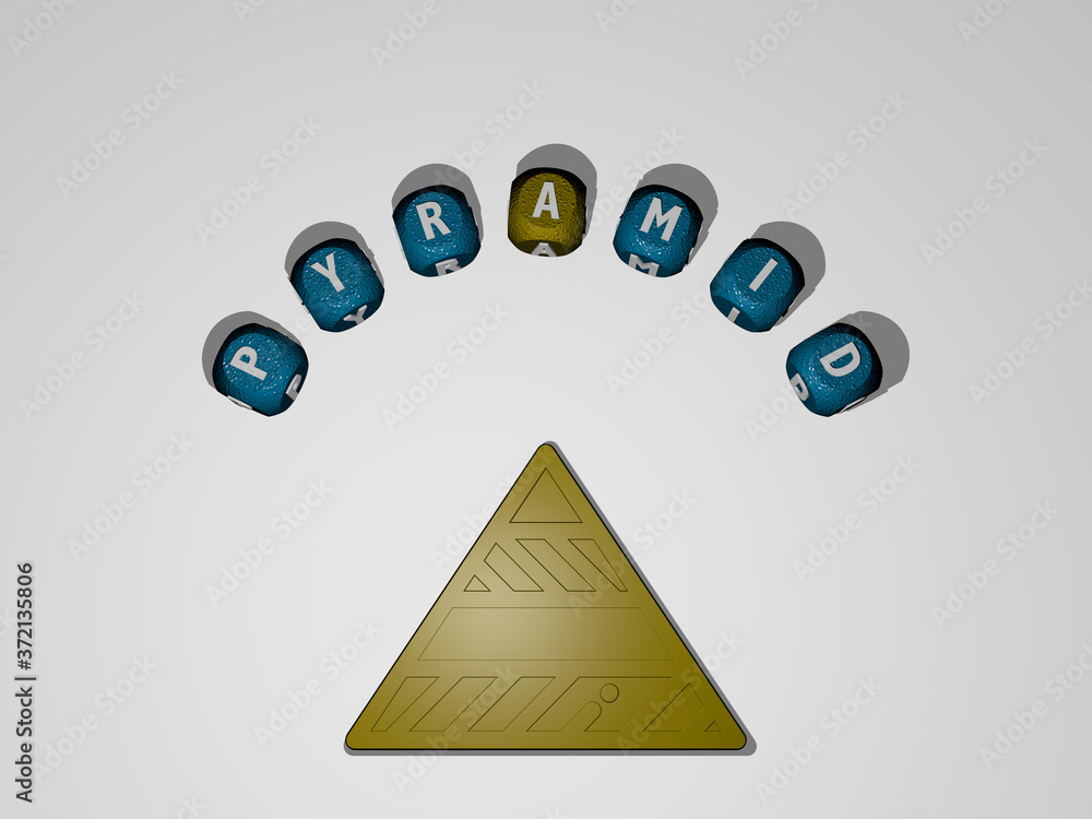 Poster pyramid icon surrounded by the text of individual letters, 3d illustration for background and ancien