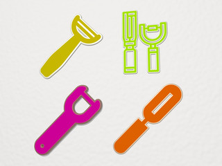 PEELER 4 icons set, 3D illustration for sign and label