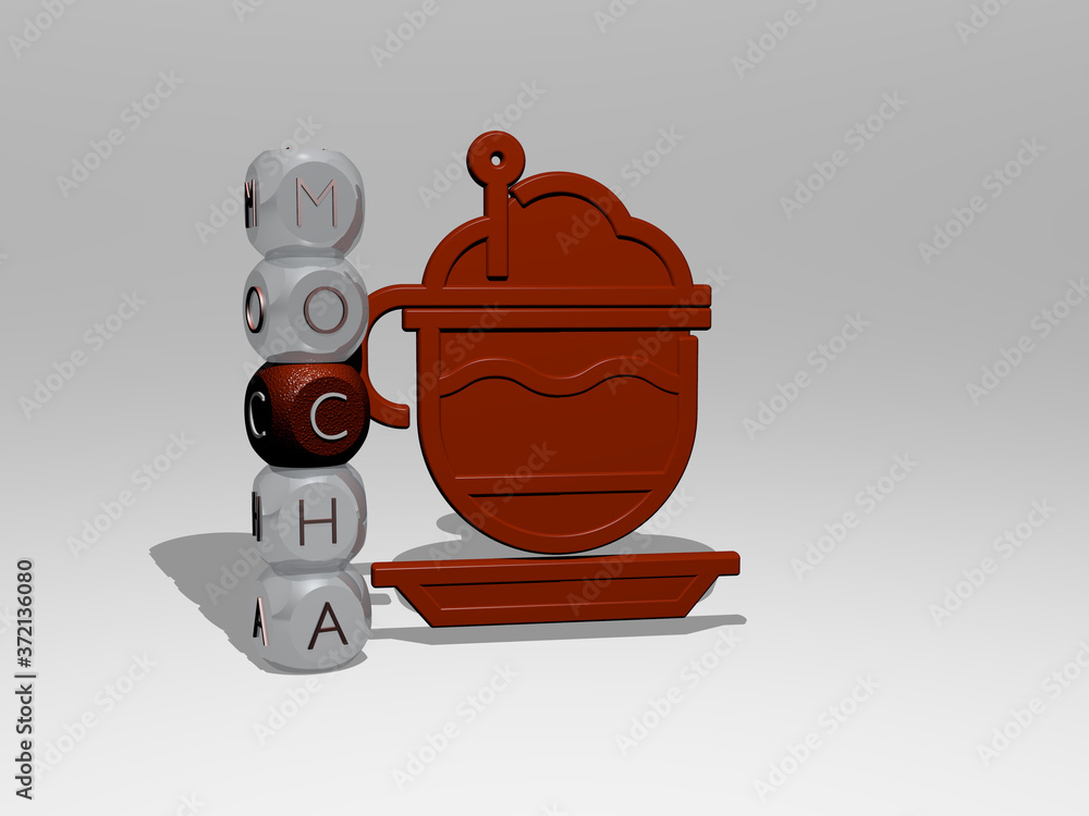 Poster 3d graphical image of mocha vertically along with text built around the icon by metallic cubic lette