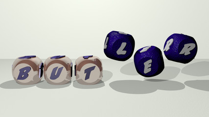 butler dancing cubic letters, 3D illustration for waiter and background