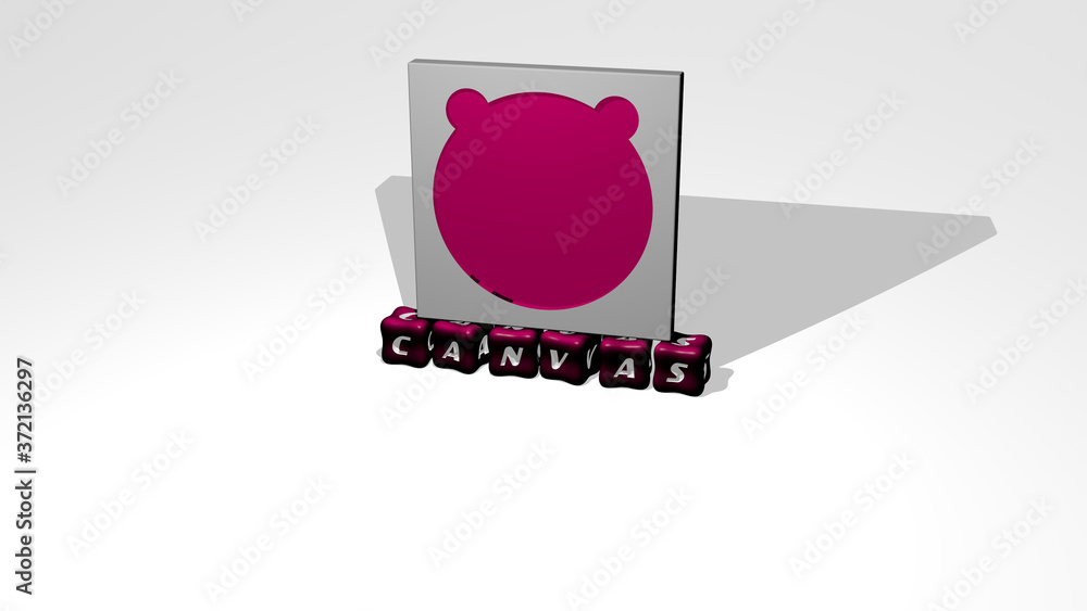 Poster 3d representation of canvas with icon on the wall and text arranged by metallic cubic letters on a m