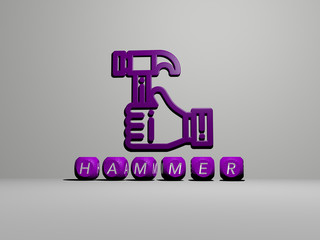HAMMER 3D icon on the wall and text of cubic alphabets on the floor, 3D illustration for background and construction