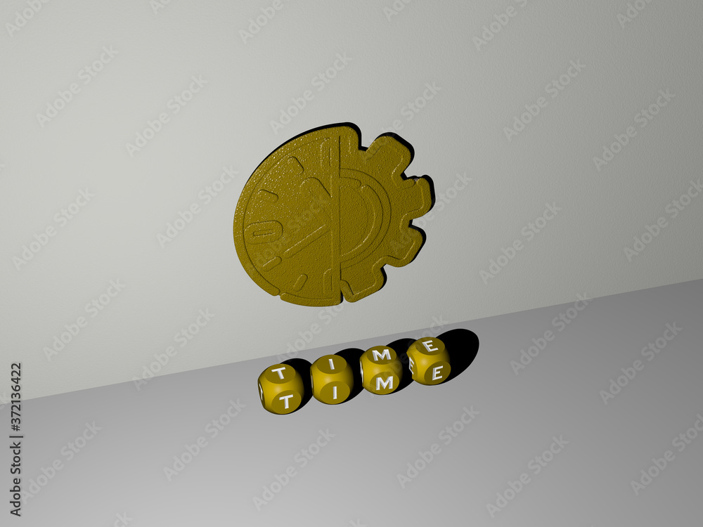 Poster 3d illustration of time graphics and text made by metallic dice letters for the related meanings of 