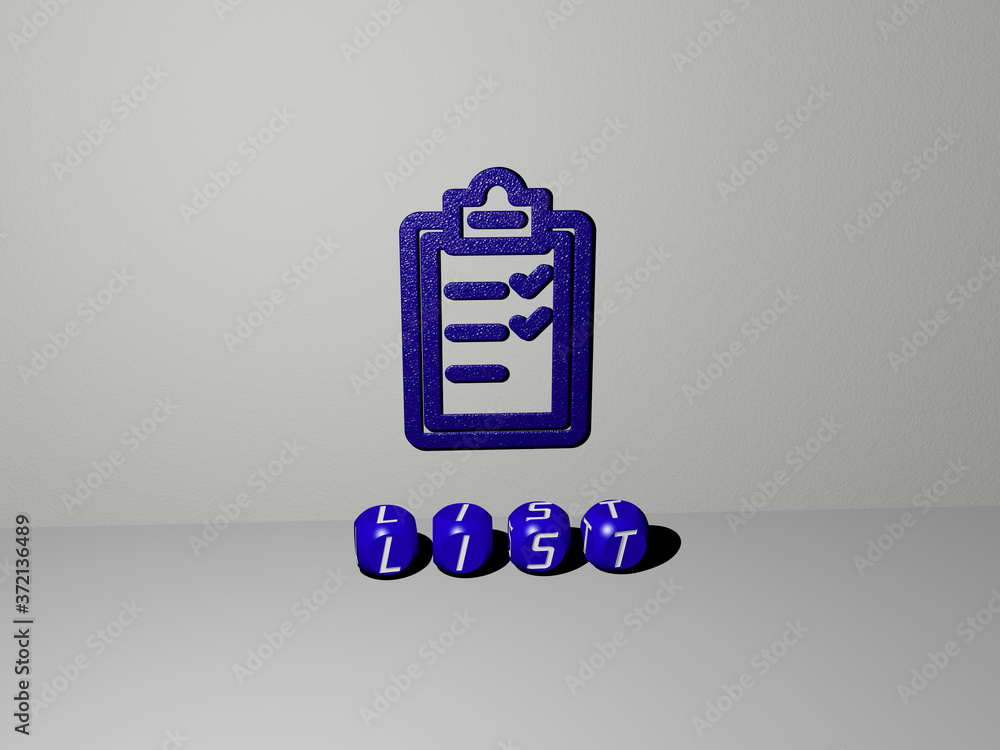 Poster 3d illustration of list graphics and text made by metallic dice letters for the related meanings of 