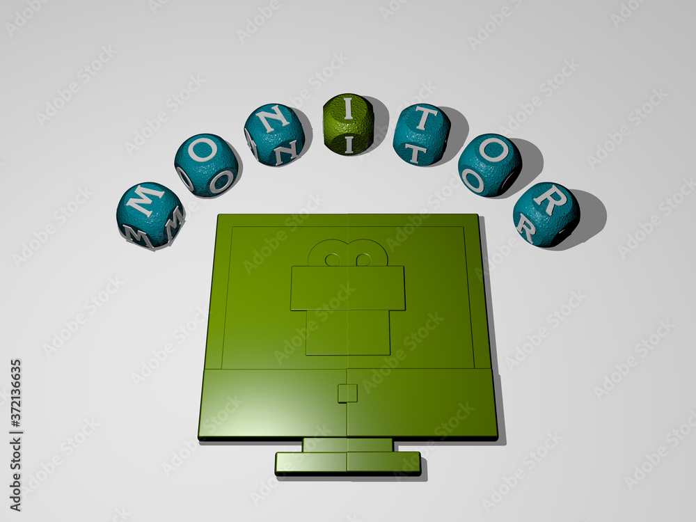 Poster monitor icon surrounded by the text of individual letters, 3d illustration for computer and backgrou