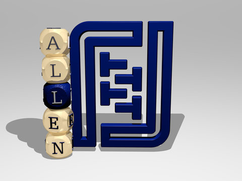 3D illustration of ALLEN graphics and text around the icon made by metallic dice letters for the related meanings of the concept and presentations for background and blue
