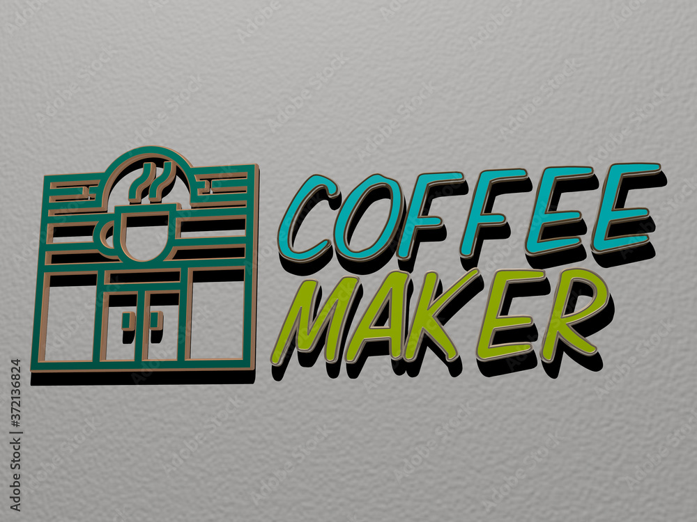 Poster 3d illustration of coffee maker graphics and text made by metallic dice letters for the related mean