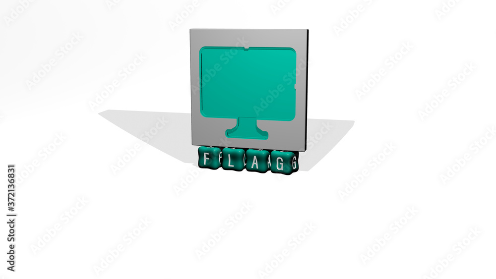 Poster 3d representation of flag with icon on the wall and text arranged by metallic cubic letters on a mir
