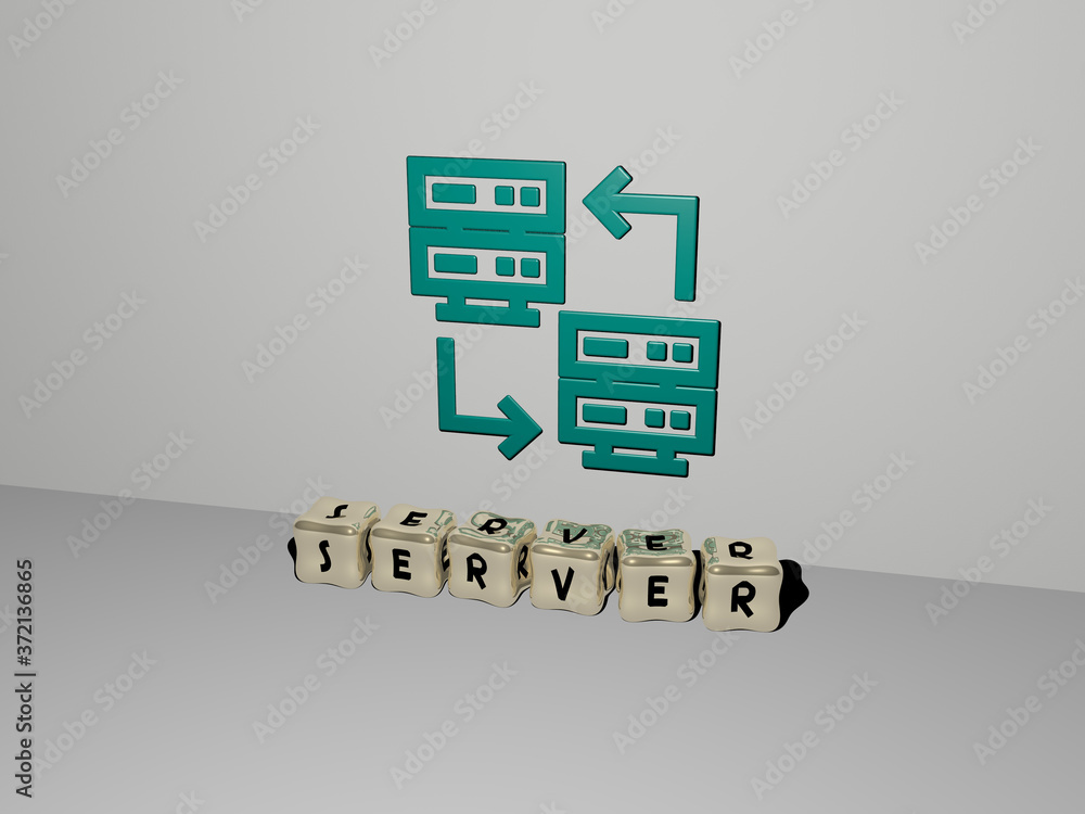 Poster server 3d icon on the wall and cubic letters on the floor, 3d illustration for data and computer