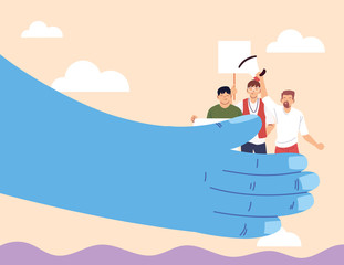 hands supporting men with signs and megaphone at a social protest