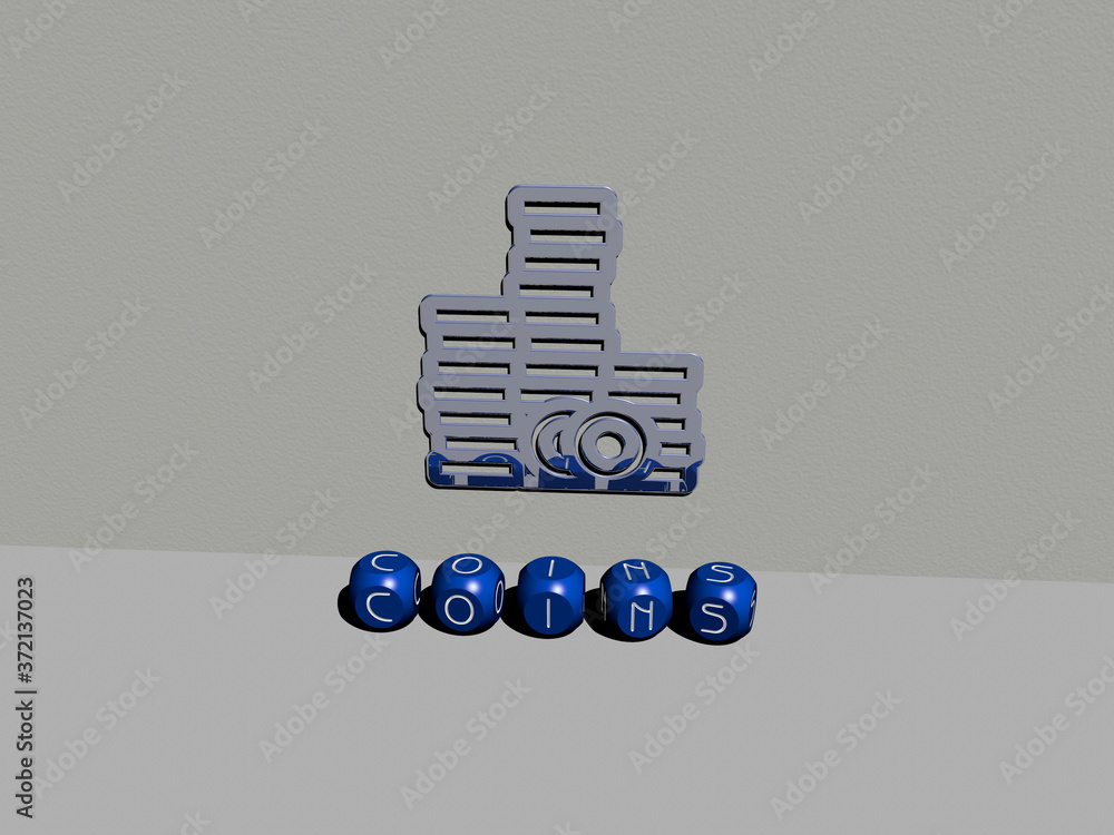 Poster 3d representation of coins with icon on the wall and text arranged by metallic cubic letters on a mi
