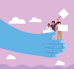 hands supporting men with signs and megaphone at a social protest