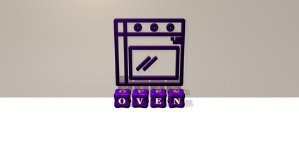 3D illustration of OVEN graphics and text made by metallic dice letters for the related meanings of the concept and presentations for cooking and kitchen
