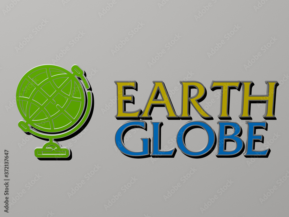 Poster 3d illustration of earth globe graphics and text made by metallic dice letters for the related meani