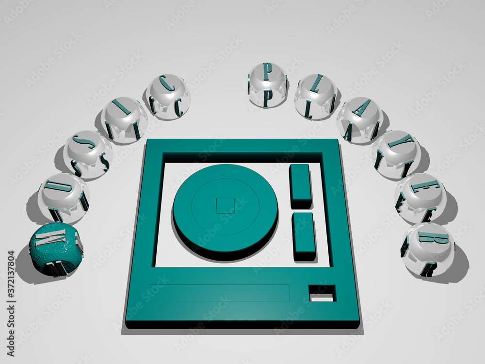 Poster music player 3d icon surrounded by the text of cubic letters, 3d illustration for background and des