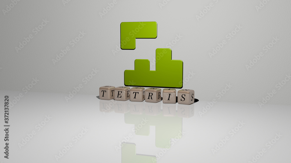 Poster tetris text of cubic dice letters on the floor and 3d icon on the wall, 3d illustration for backgrou