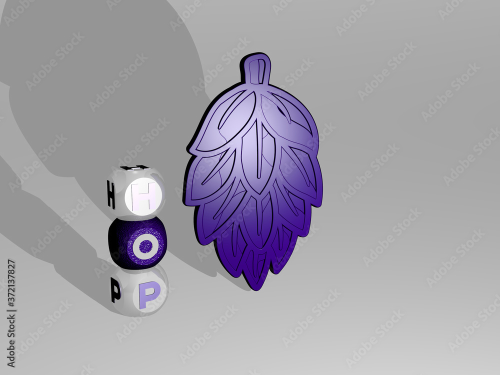 Poster 3d representation of hop with icon on the wall and text arranged by metallic cubic letters on a mirr