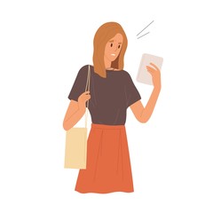 Frustrated woman looking at screen of tablet having negative emotion vector flat illustration. Female with handbag reading bad news or information isolated. Sad girl chatting or surfing internet