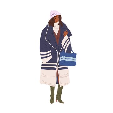 Black skin woman demonstrate stylish outerwear vector flat illustration. Trendy girl in warm down jacket or coat and hat isolated. Female in colorful street style winter, spring or autumn clothing
