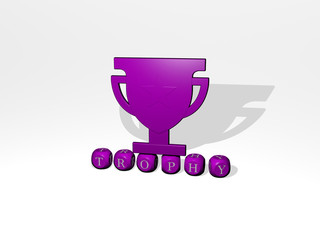 trophy 3D icon over cubic letters, 3D illustration for award and cup