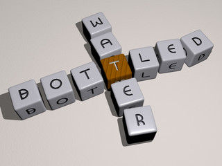 BOTTLED WATER crossword by cubic dice letters, 3D illustration for background and beverage