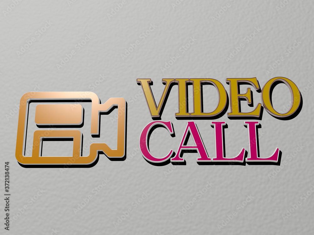 Poster 3d graphical image of video call vertically along with text built by metallic cubic letters from the