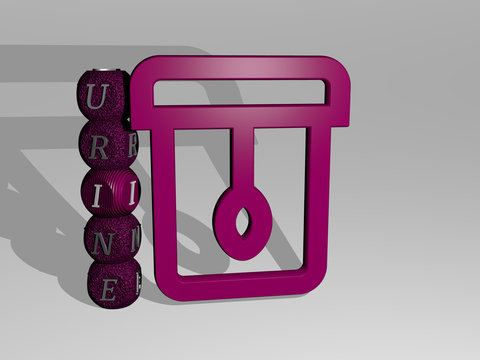 urine 3D icon and dice letter text, 3D illustration for analysis and medical