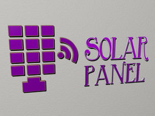 solar panel icon and text on the wall, 3D illustration for energy and background